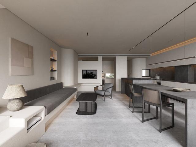 以工業(yè)風(fēng)的微水泥作為貫穿室內(nèi)的線索，卻不乏溫暖與活力